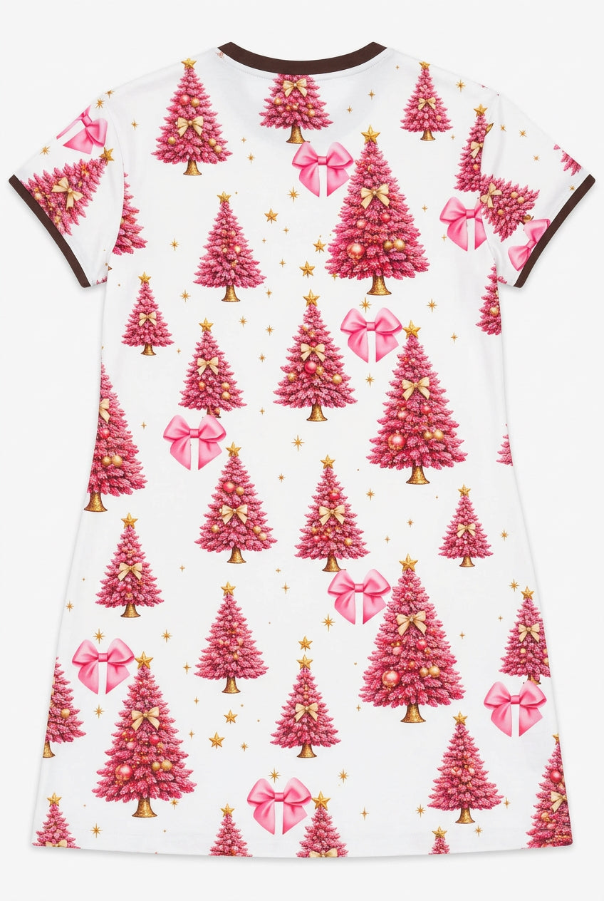 Full back of Hot Cocoa and Grades Jinglemoo showing pink Christmas trees bows and gold stars
