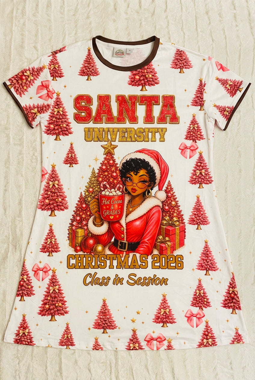 Full front of Hot Cocoa and Grades Jinglemoo with Black Mrs Claus artwork and pink Christmas tree print