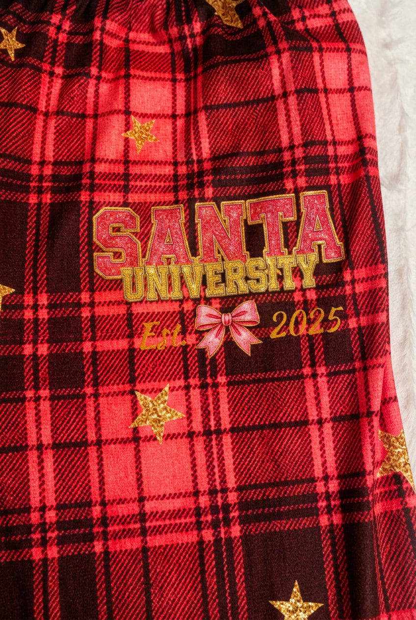 Santa University bow logo detail on Hot Cocoa & Grades pants