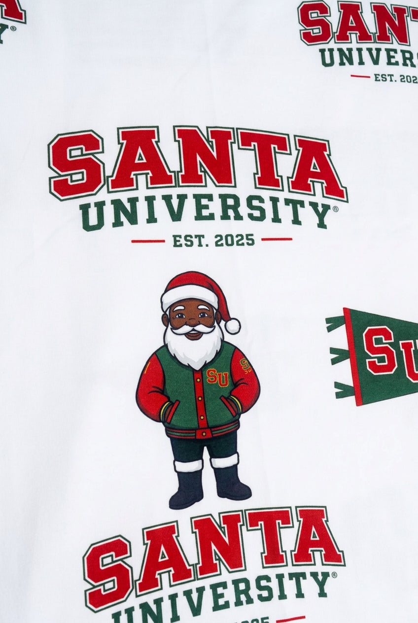 Santa Is On the Yard Jinglemoo Black Santa, SU pennant and Santa University print detail