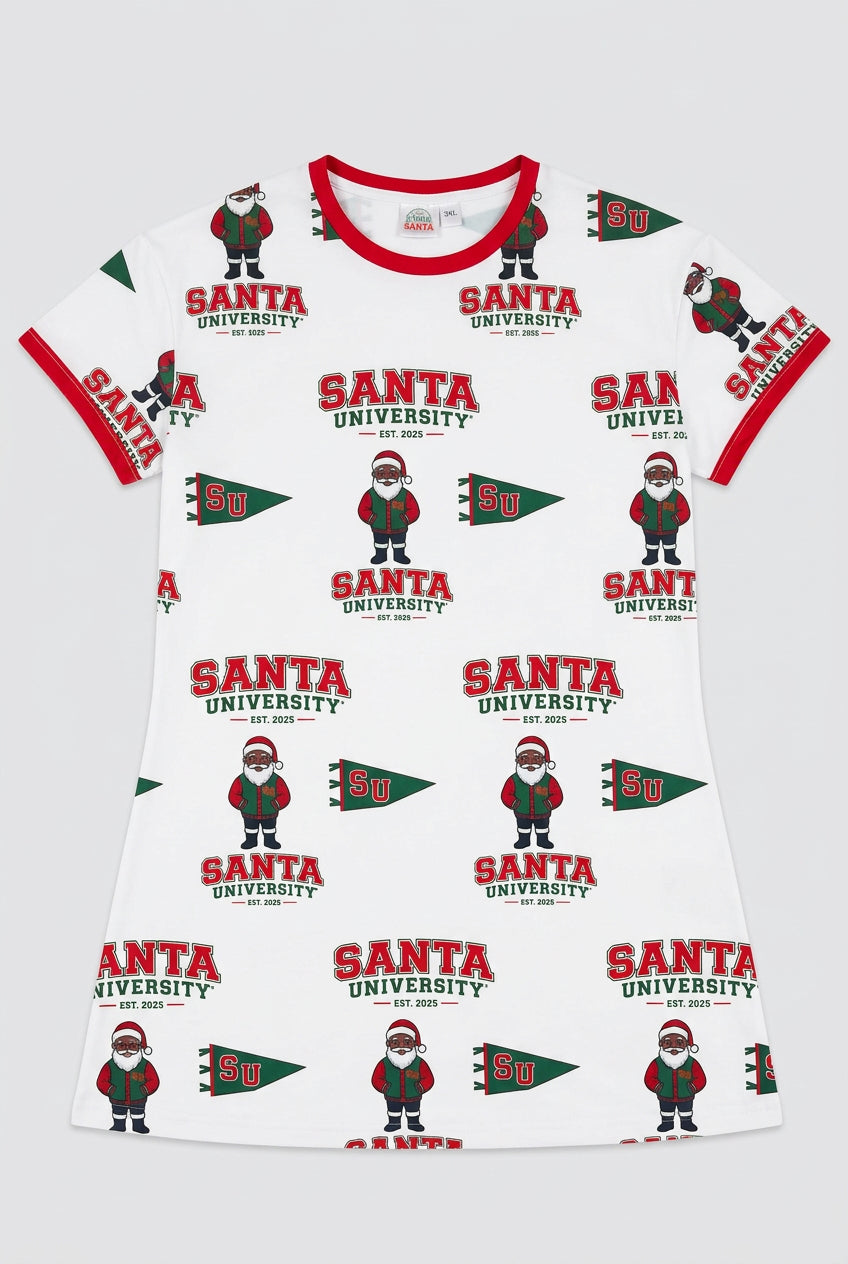 Santa Is On the Yard Jinglemoo full front with red neckline and sleeve trim