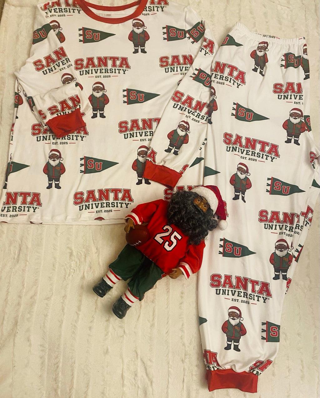Santa Is On the Yard real matching long-sleeve top and pants with red trim