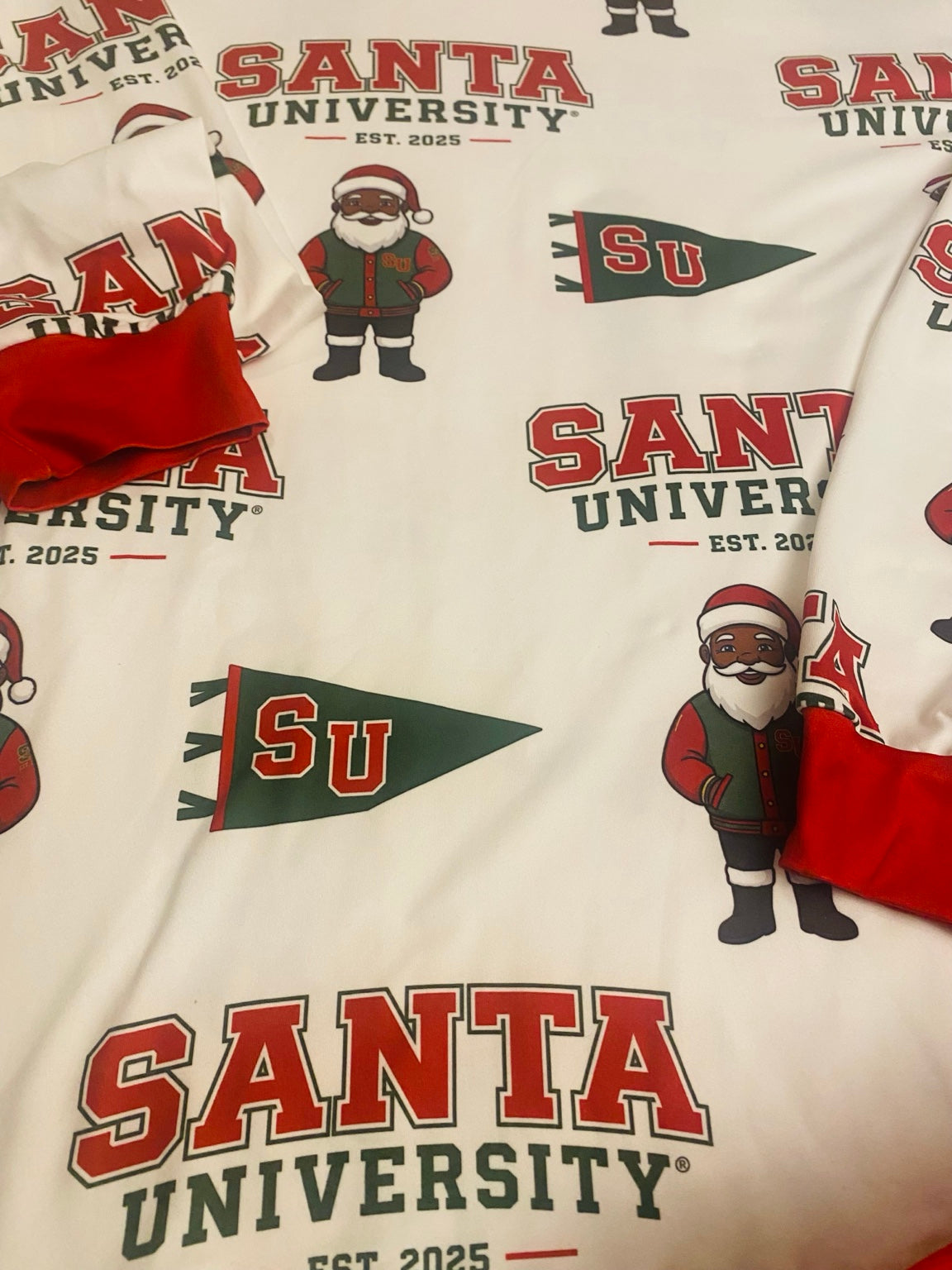 Santa Is On the Yard Black Santa and SU pennant print with red wrist cuffs