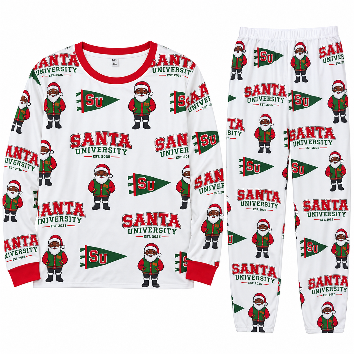 Santa’s on the Yard pajama set with Black Santa, green pennants and red SU lettering