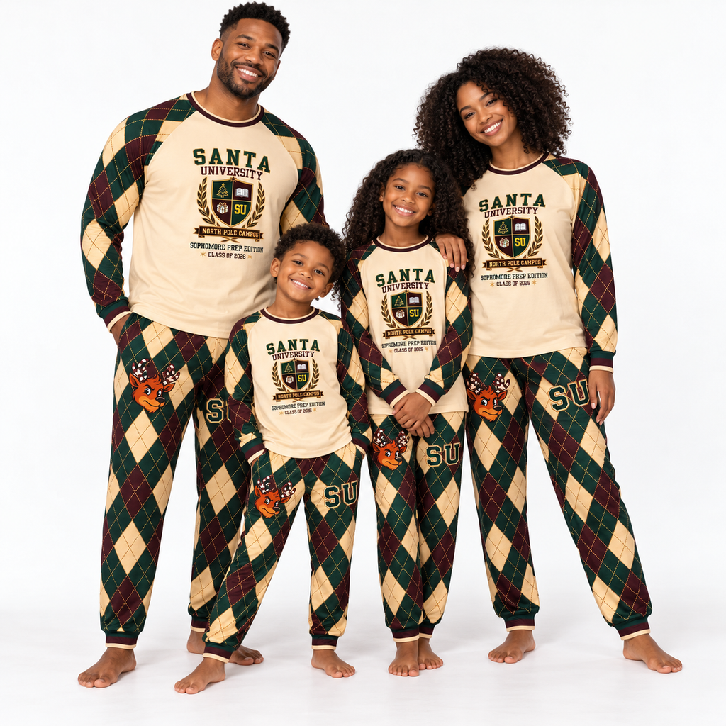 AI family mockup of a Black family of four wearing Santa University SU 2026 Argyle matching pajamas