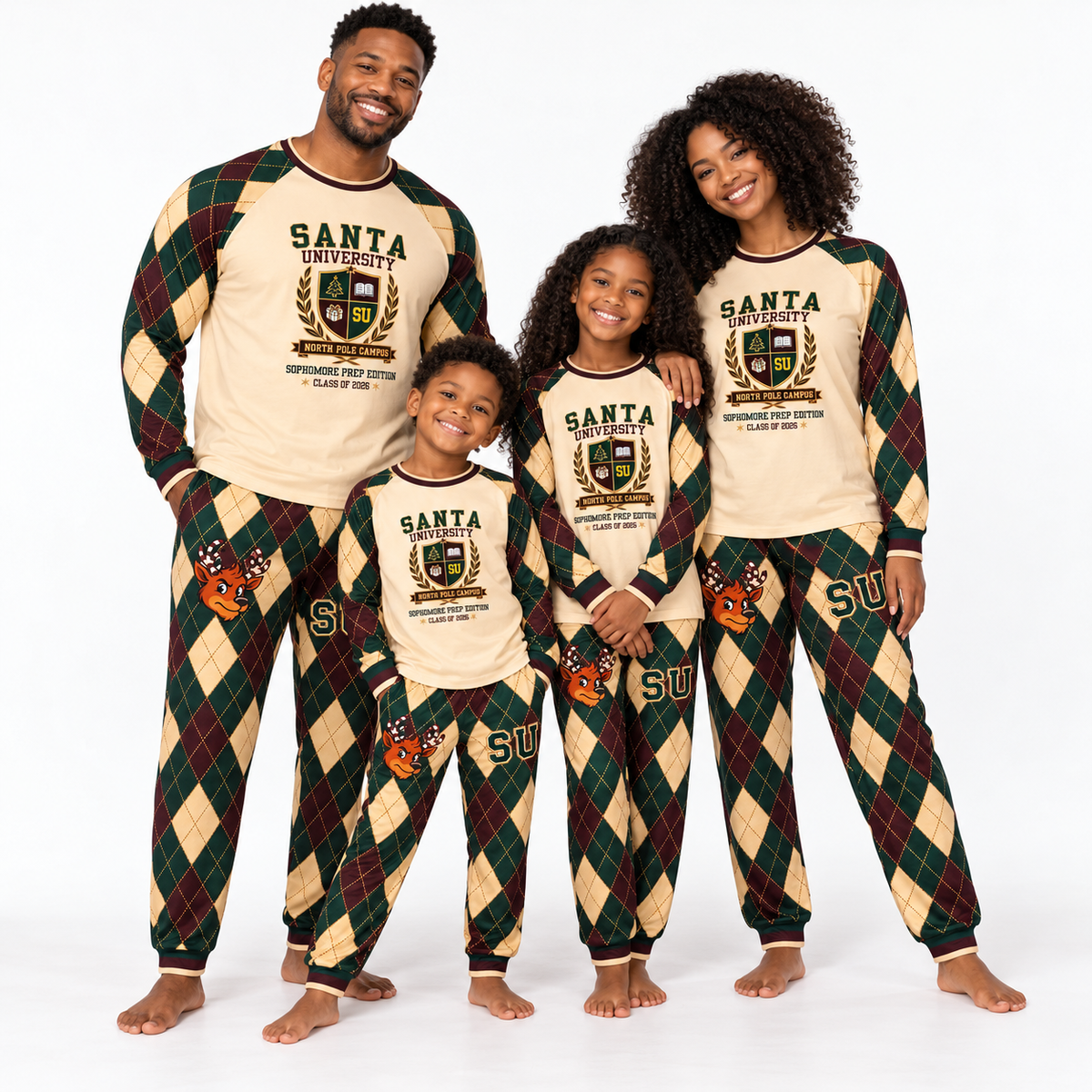 AI family mockup of a Black family of four wearing Santa University SU 2026 Argyle matching pajamas