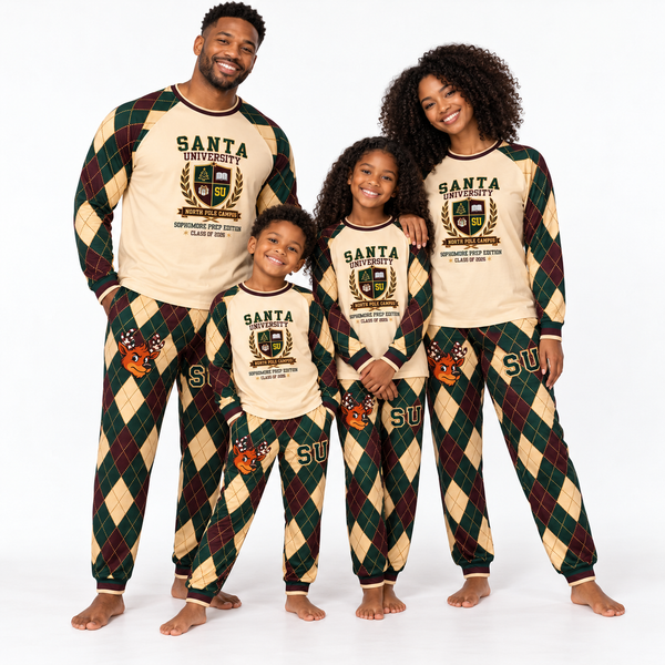 AI family mockup of a Black family of four wearing Santa University SU 2026 Argyle matching pajamas