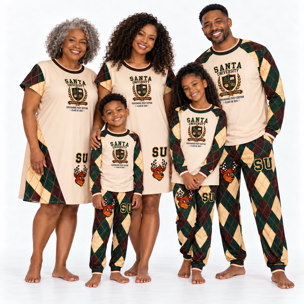 AI family mockup with mother and grandmother in SU Argyle Jinglemoos and father and children in matching pajama sets