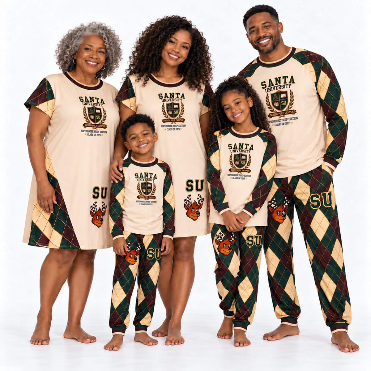 AI family mockup with mother and grandmother in SU Argyle Jinglemoos and father and children in matching pajama sets