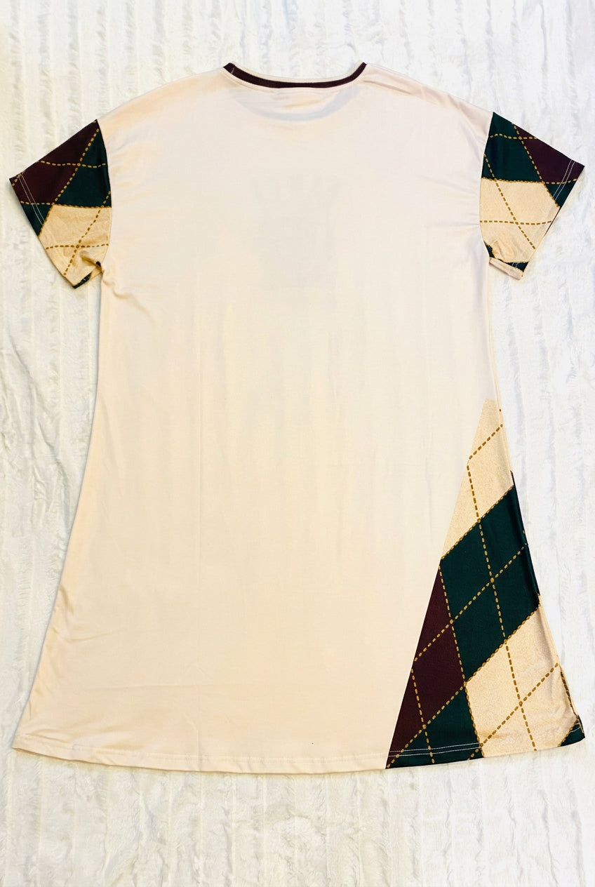 Back of SU Argyle Jinglemoo showing cream body argyle sleeves and lower side panel