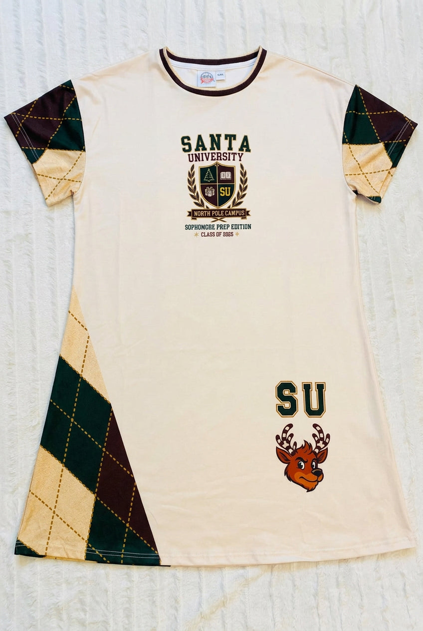 Front of Santa University SU Argyle Jinglemoo with cream body argyle sleeves chest crest and Nick