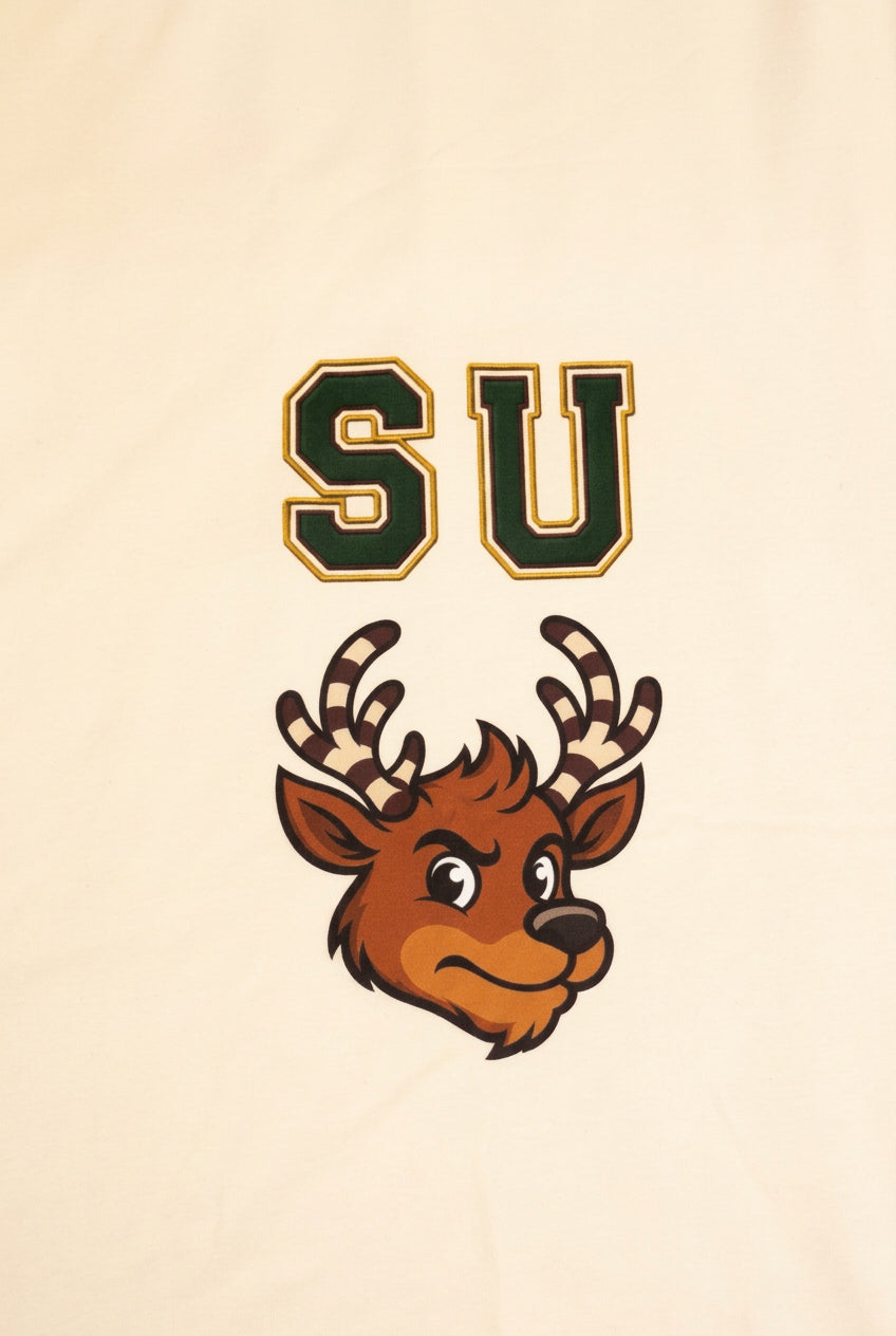 Close-up of side-by-side SU lettering and Nick the reindeer on the Argyle Jinglemoo