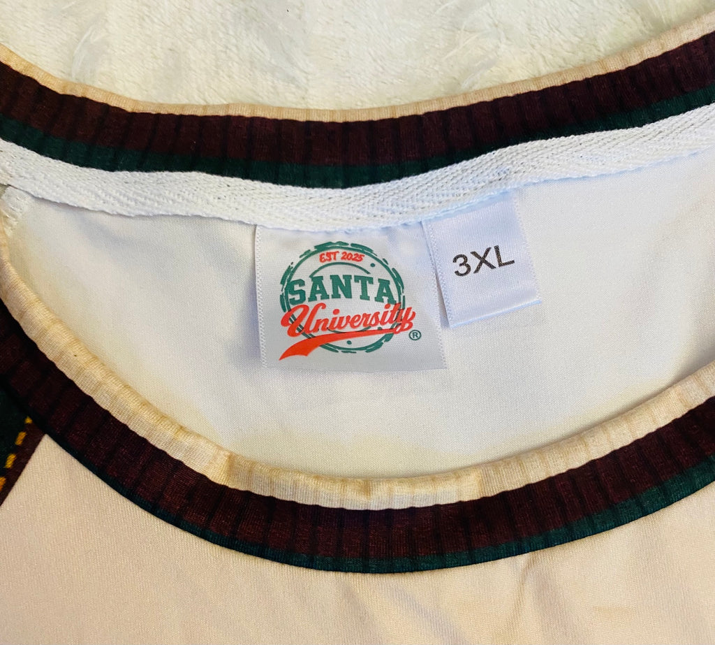 Santa University sewn brand label and 3XL size tag inside the pajama neckline
