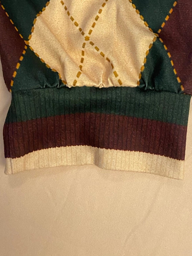 SU Argyle pajama sleeve with forest green burgundy and cream striped cuff