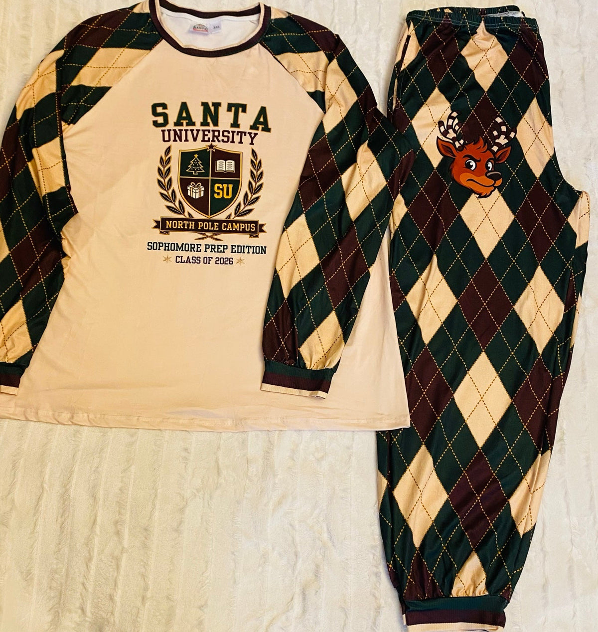 Santa University SU 2026 Argyle pajama shirt and matching pants with Nick the reindeer